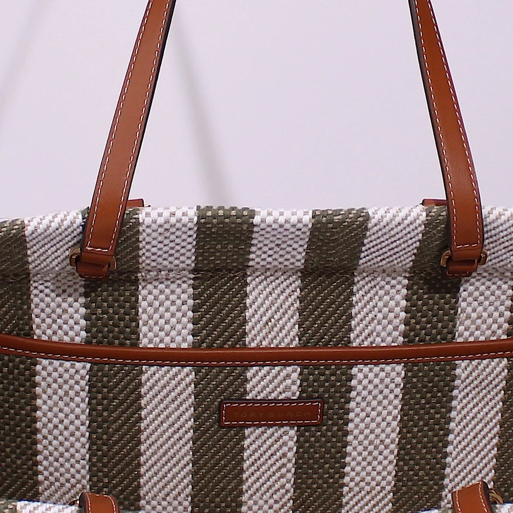 Tory Burch Blake Jumbo Striped Tote In Grove Green - Picture 6 of 8